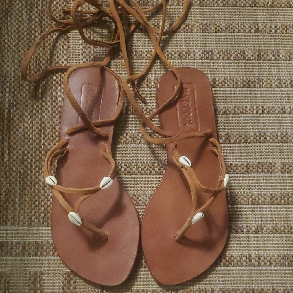 Brown and White Gladiator Sandals Wrap Around Long Laces